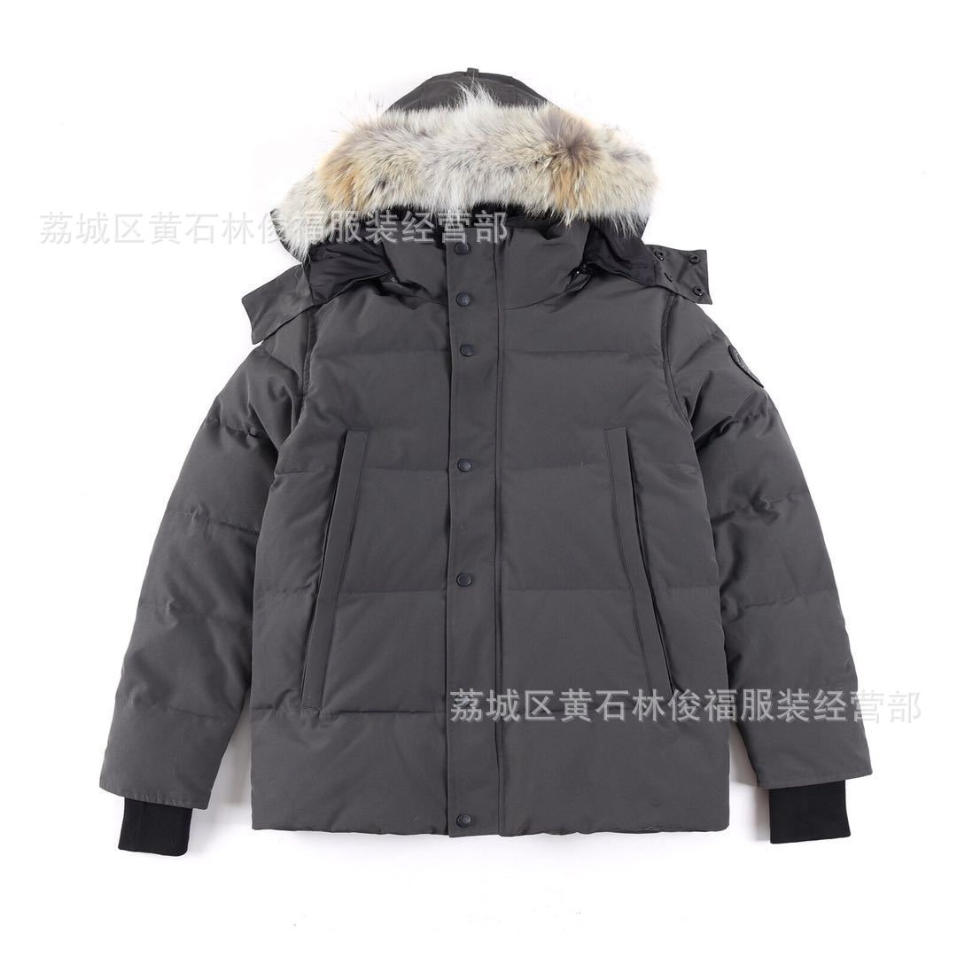 Black parka with removable fur-trimmed hood and button front