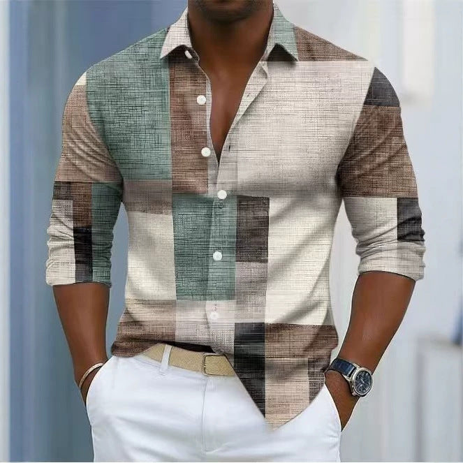 Beige and brown plaid long-sleeve cotton button-up shirt