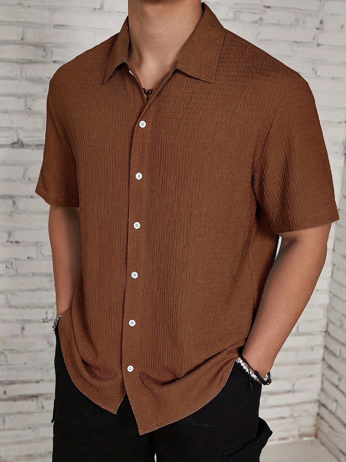 Textured Knit Short-Sleeve Collarless Shirt in Solid Colors