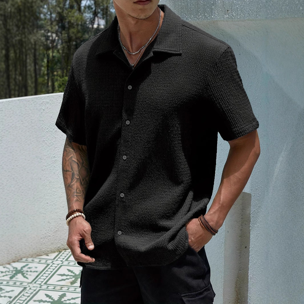 Textured Knit Short-Sleeve Collarless Shirt in Solid Colors