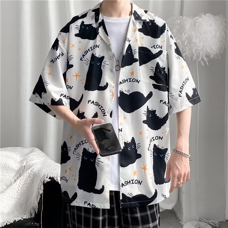 Tropical leaf print short sleeve button up shirt