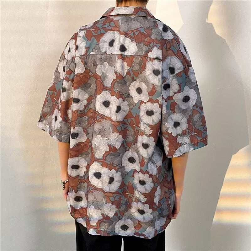 Tropical leaf print short sleeve button up shirt