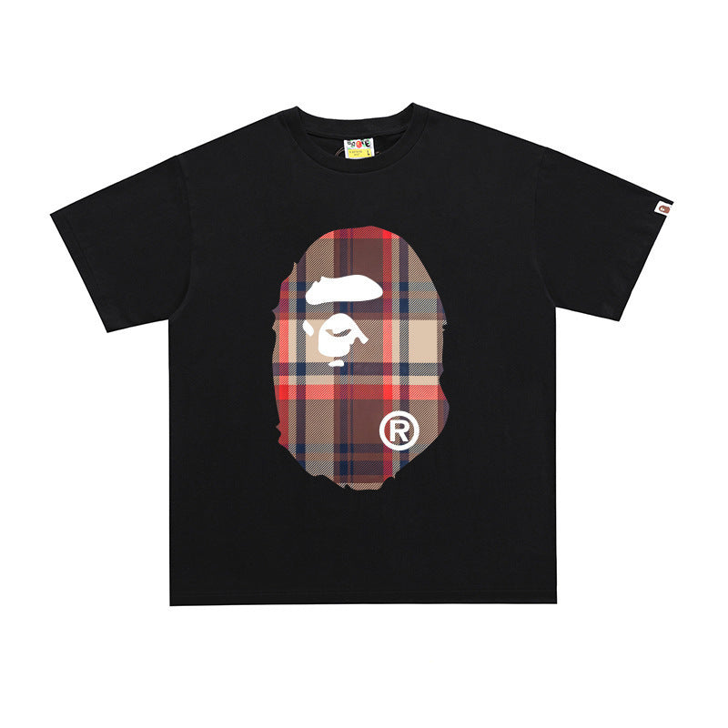 Plaid-pattern cotton short sleeve tee with graphic print