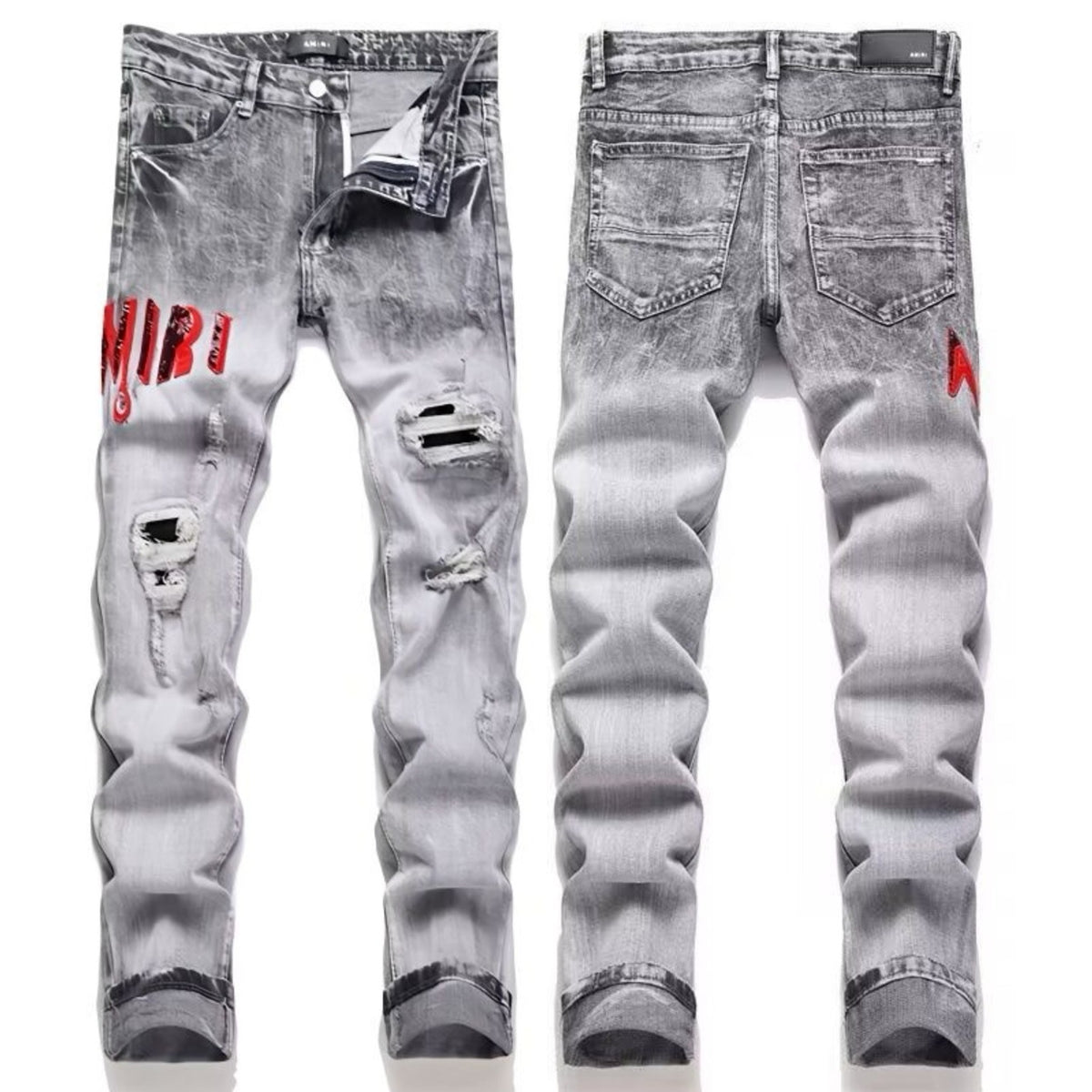 Distressed Straight-Leg Denim Jeans in Blue Black Gray or White