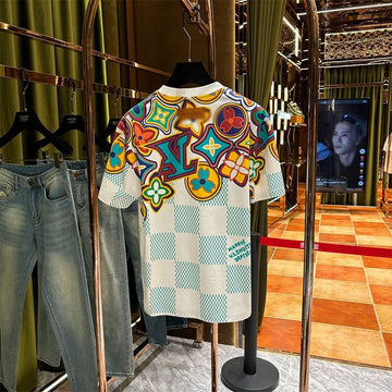 White and Light Gray 3D-Printed Floral Checker T-Shirt