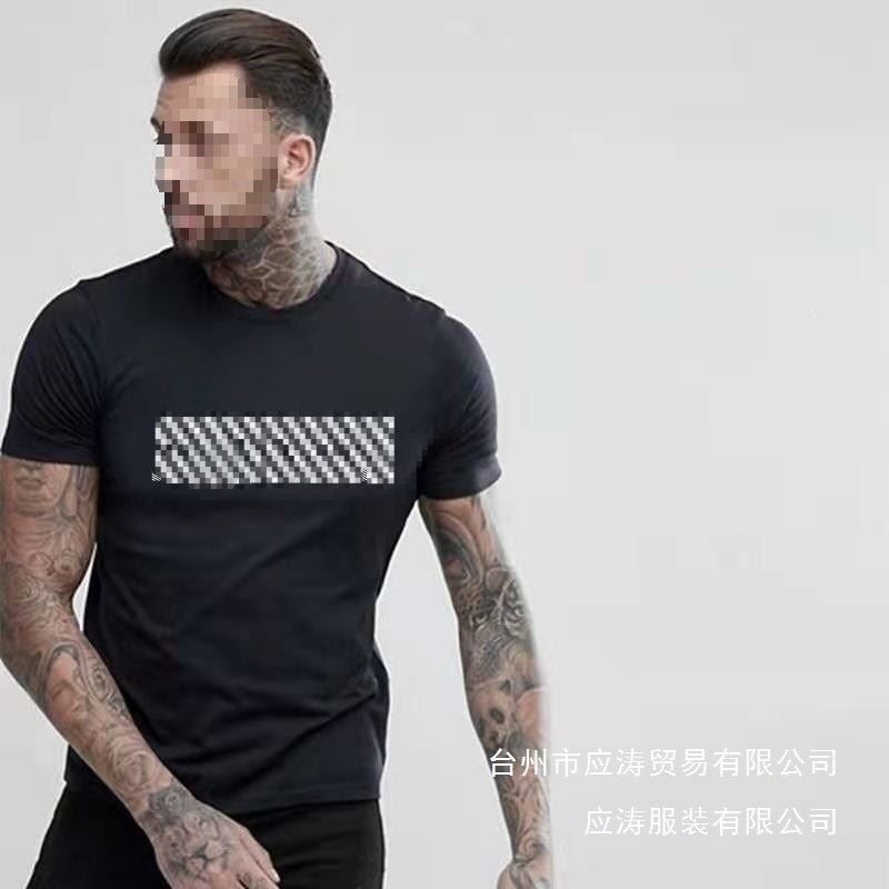 Black short-sleeve round-neck cotton t-shirt with subtle vertical metallic print
