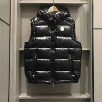 Black Nylon Hooded Puffer Vest with Quilted Texture and Full Zip