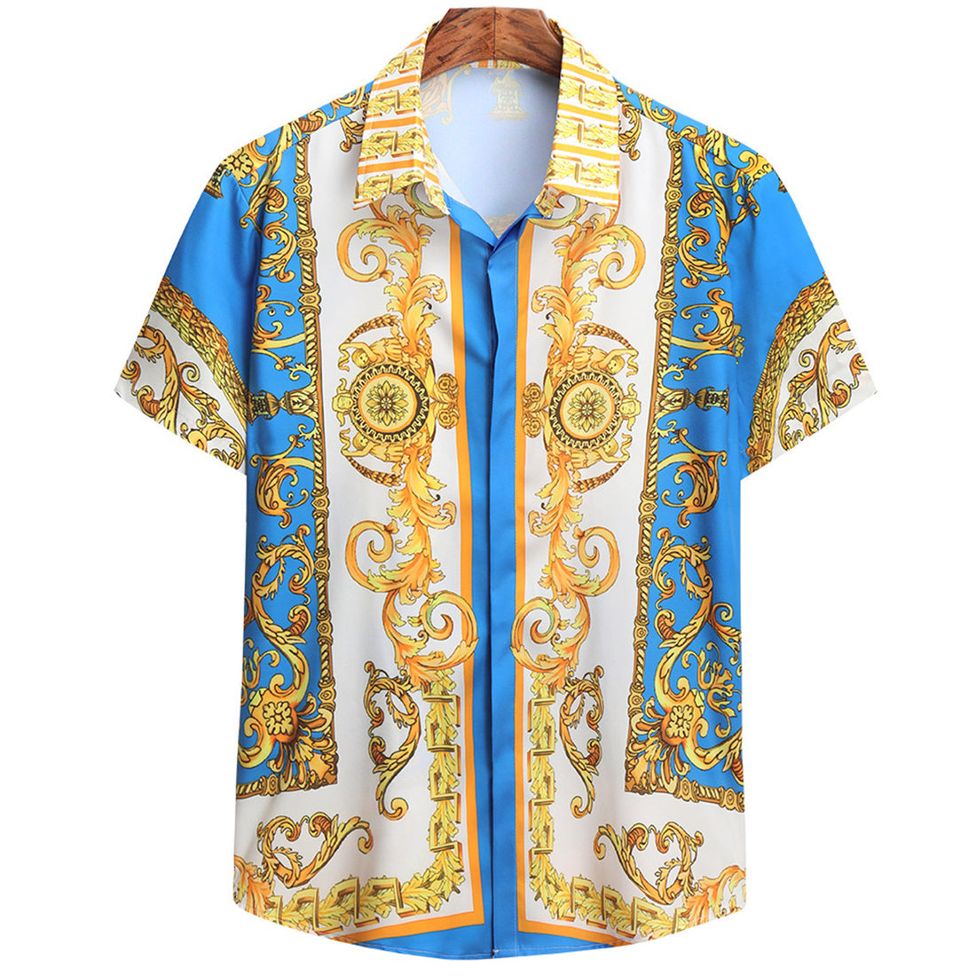 Baroque-print short-sleeve cotton button-up shirt in brown gold white orange