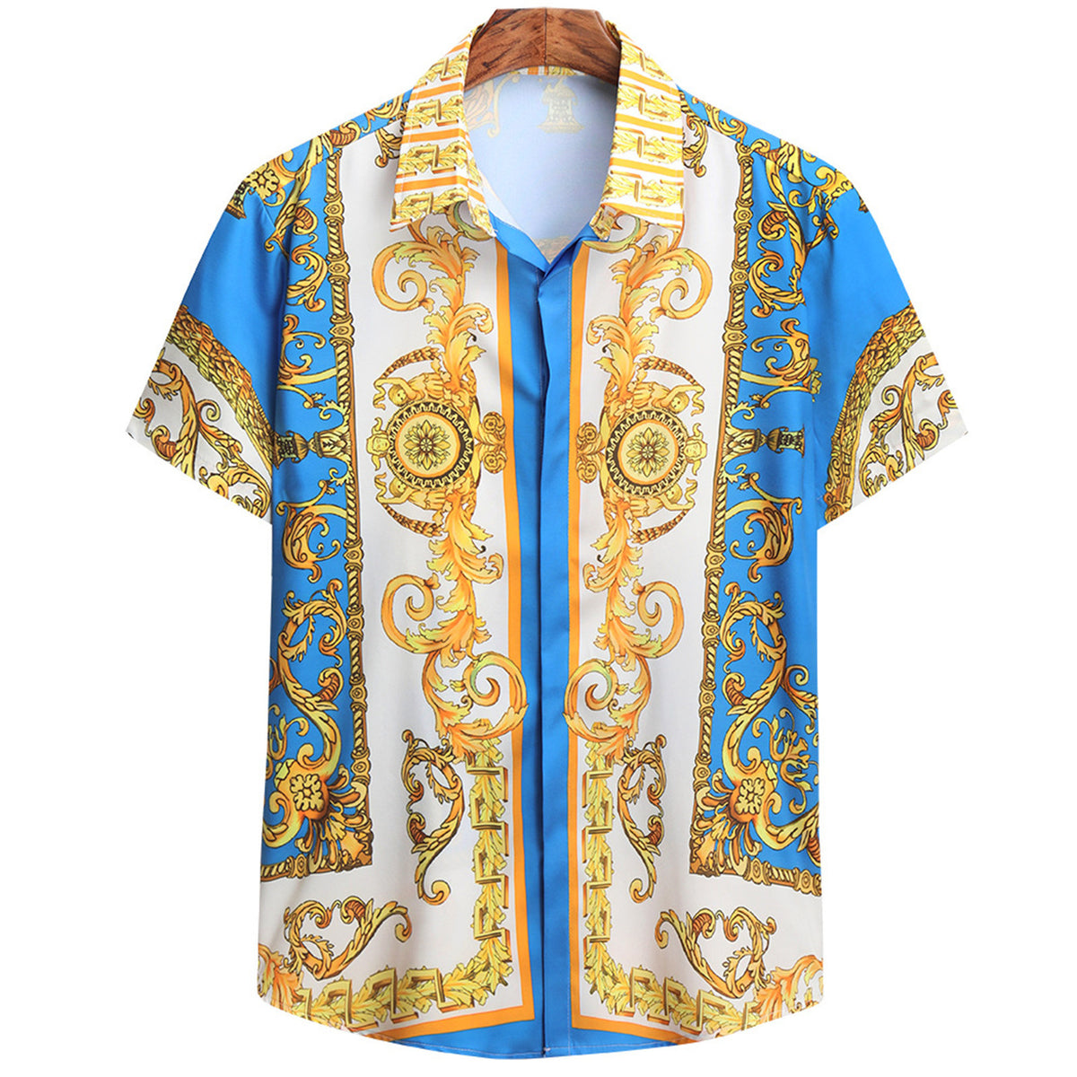 Baroque-print short-sleeve cotton button-up shirt in brown gold white orange
