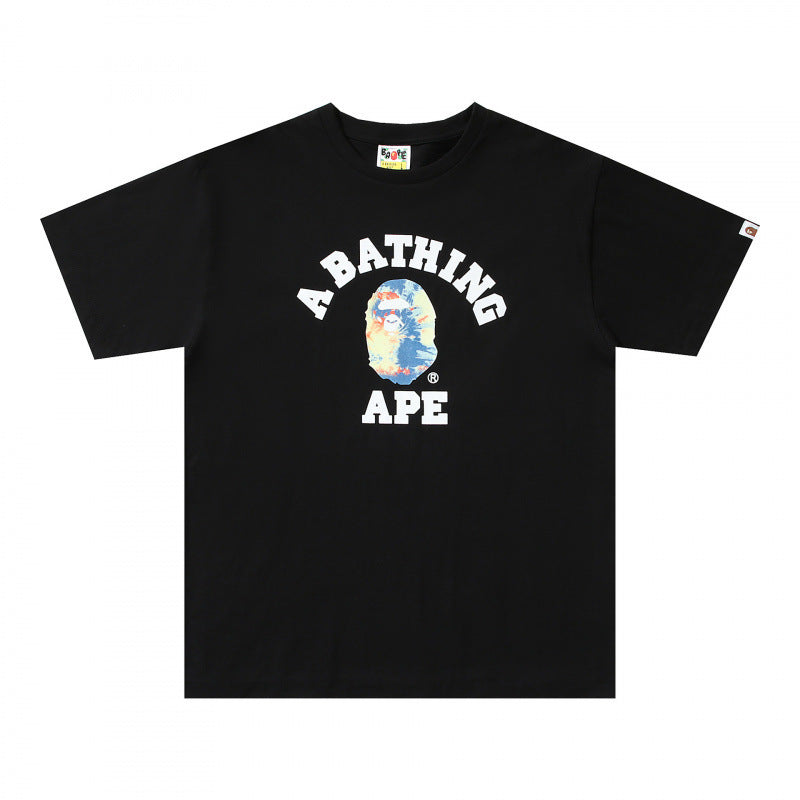 Plaid-pattern cotton short sleeve tee with graphic print