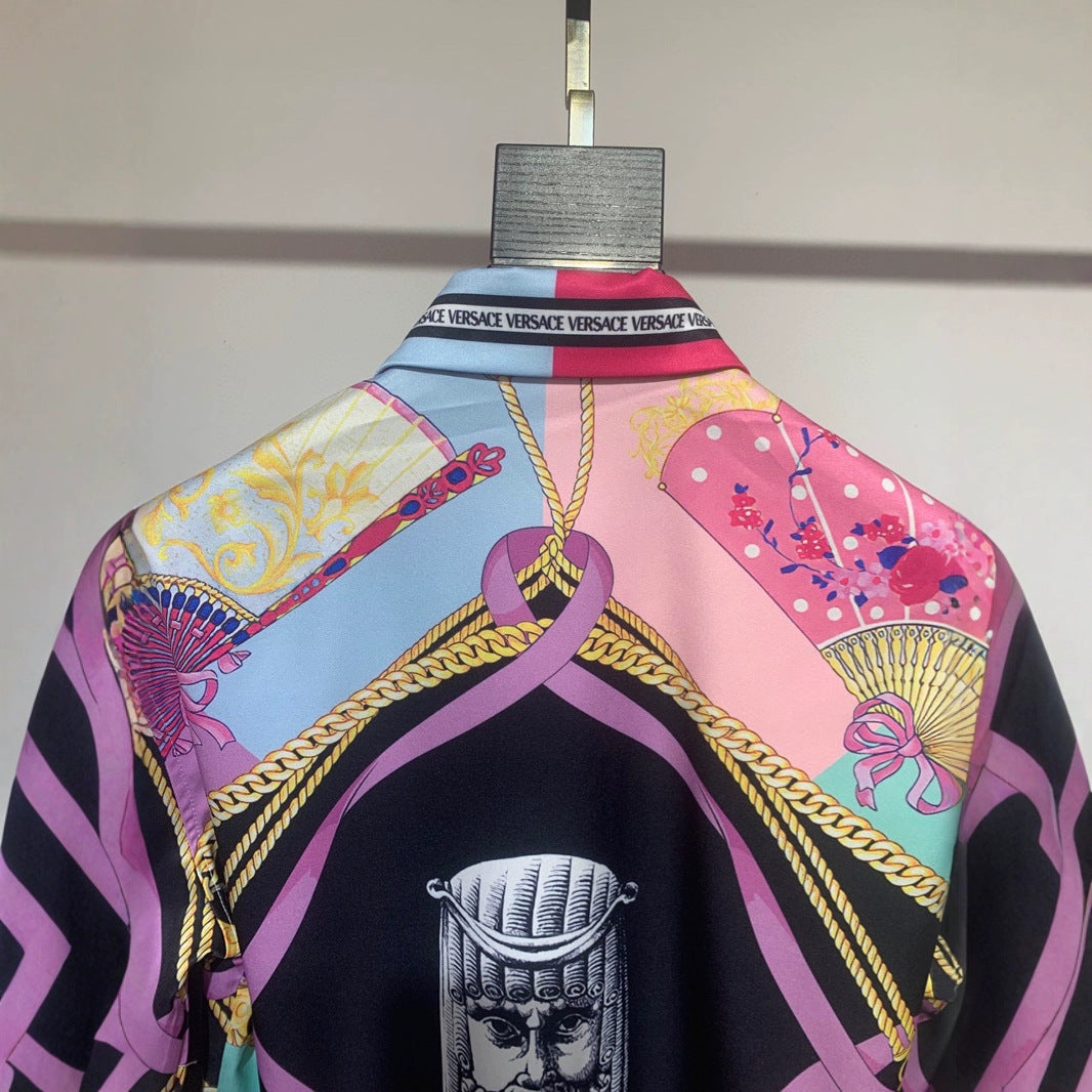 Baroque-Print Long-Sleeve Cotton Shirt in Pink Yellow Blue or Black