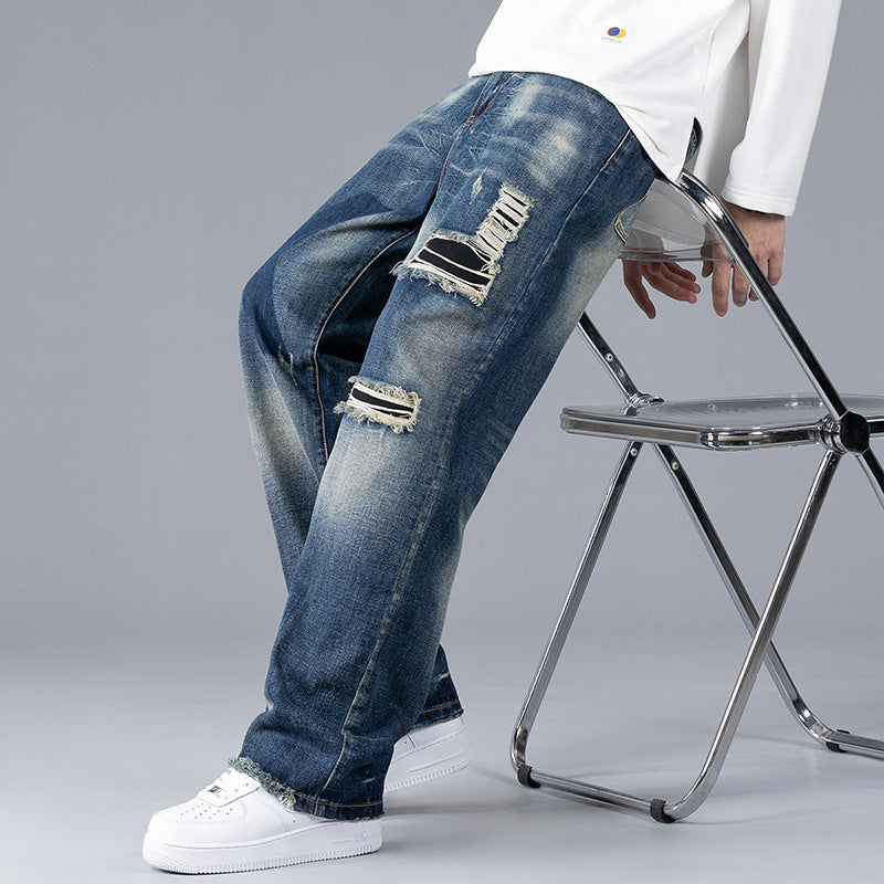Charcoal Faded Ripped Wide-Leg Straight Jeans