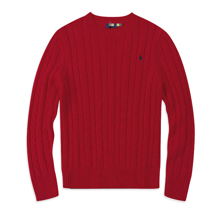 Black and Red Cable-Knit Round Neck Pullover Sweater