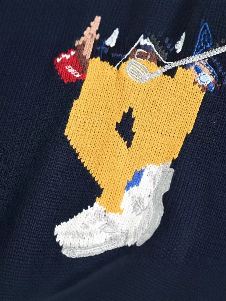 Navy crewneck sweater with embroidered bear holding golf club