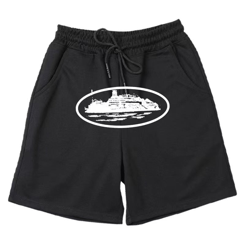 Black Cotton Blend Loose-Fit Printed Sweat Shorts