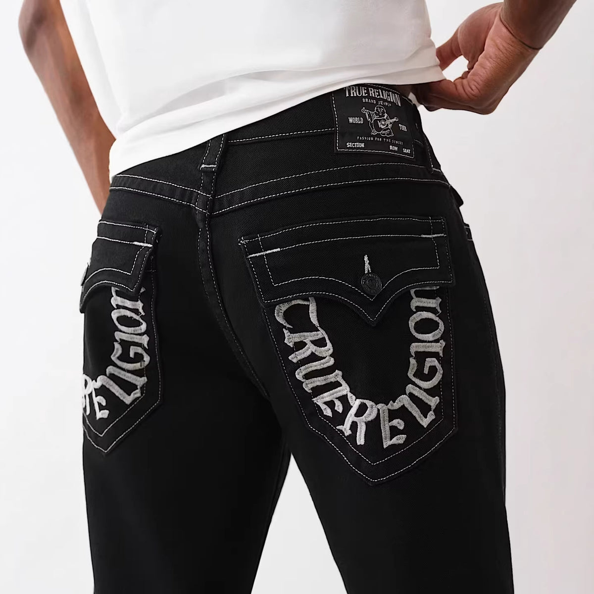 True Religion embroidered washed slim-fit jeans