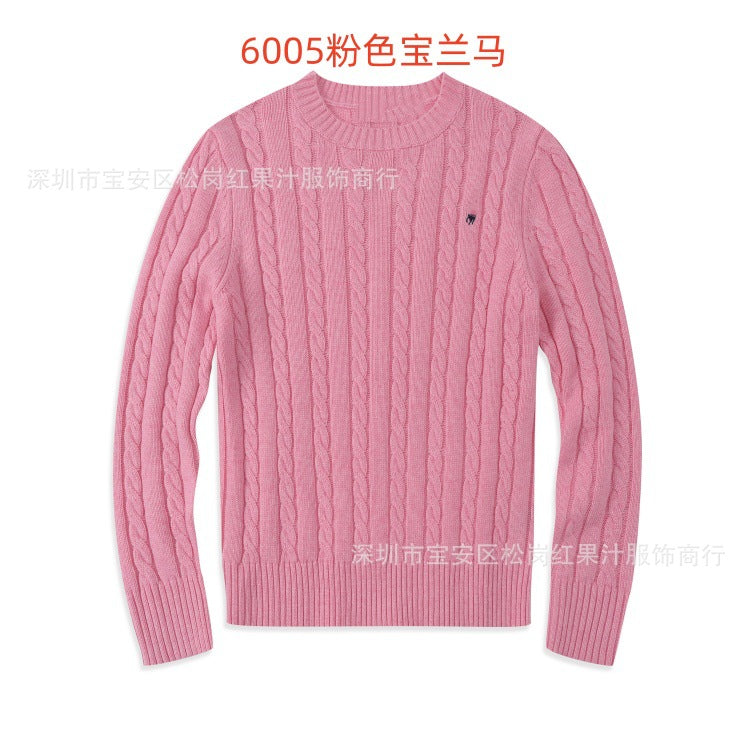 Cable-Knit Crew Neck Sweater in Solid Colors with Subtle Embroidery
