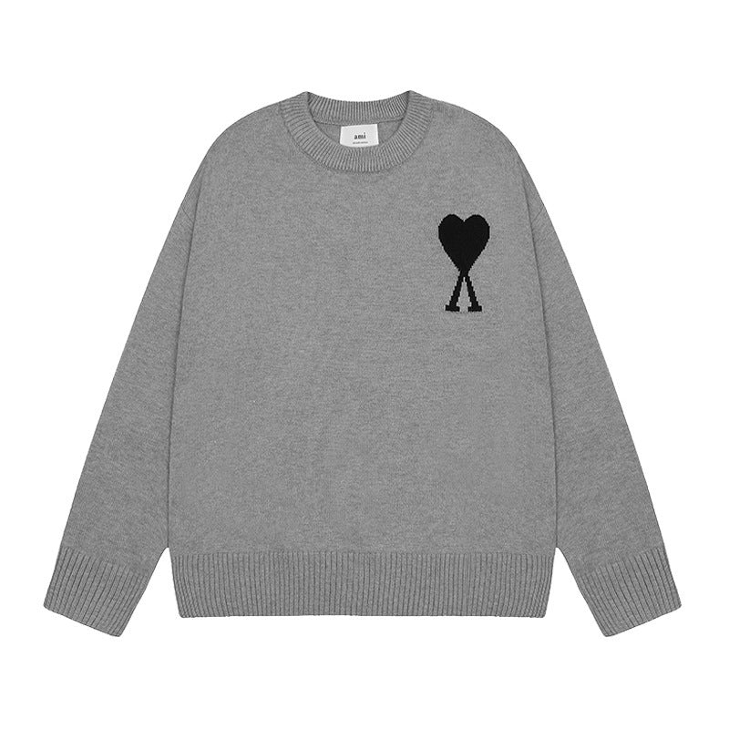 Men's round neck knit sweater with heart embroidery