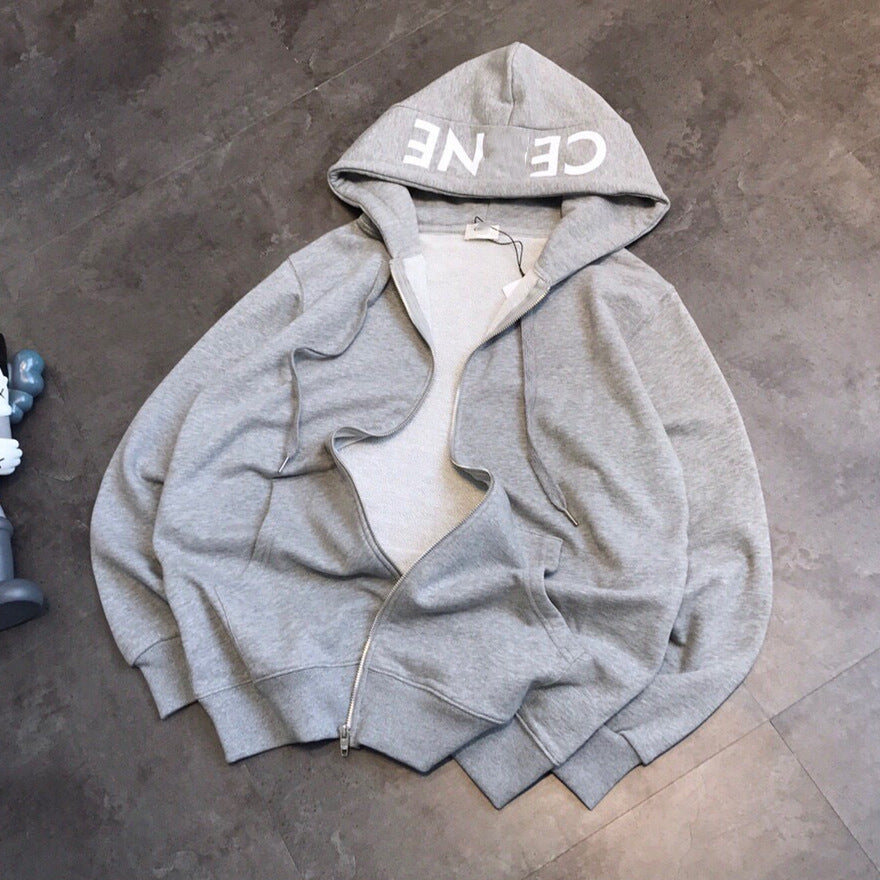 Black and Gray Cotton Patchwork Hoodie with Full-Zip Front