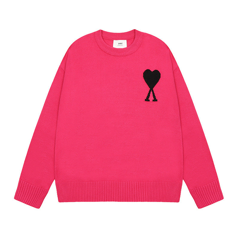 Men's round neck knit sweater with heart embroidery