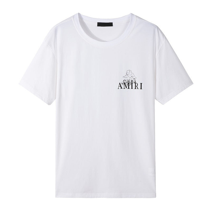 Black short sleeve t-shirt with white cherub print