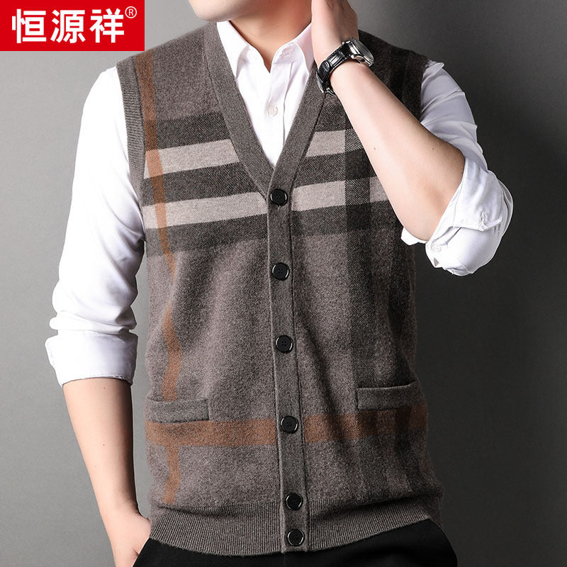Charcoal Burgundy Camel Jacquard-Knit V-Neck Sleeveless Vest
