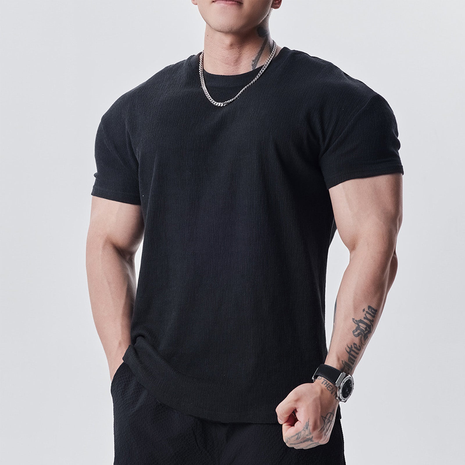 High-End Textured Solid-Color Round-Neck Short-Sleeved T-Shirt