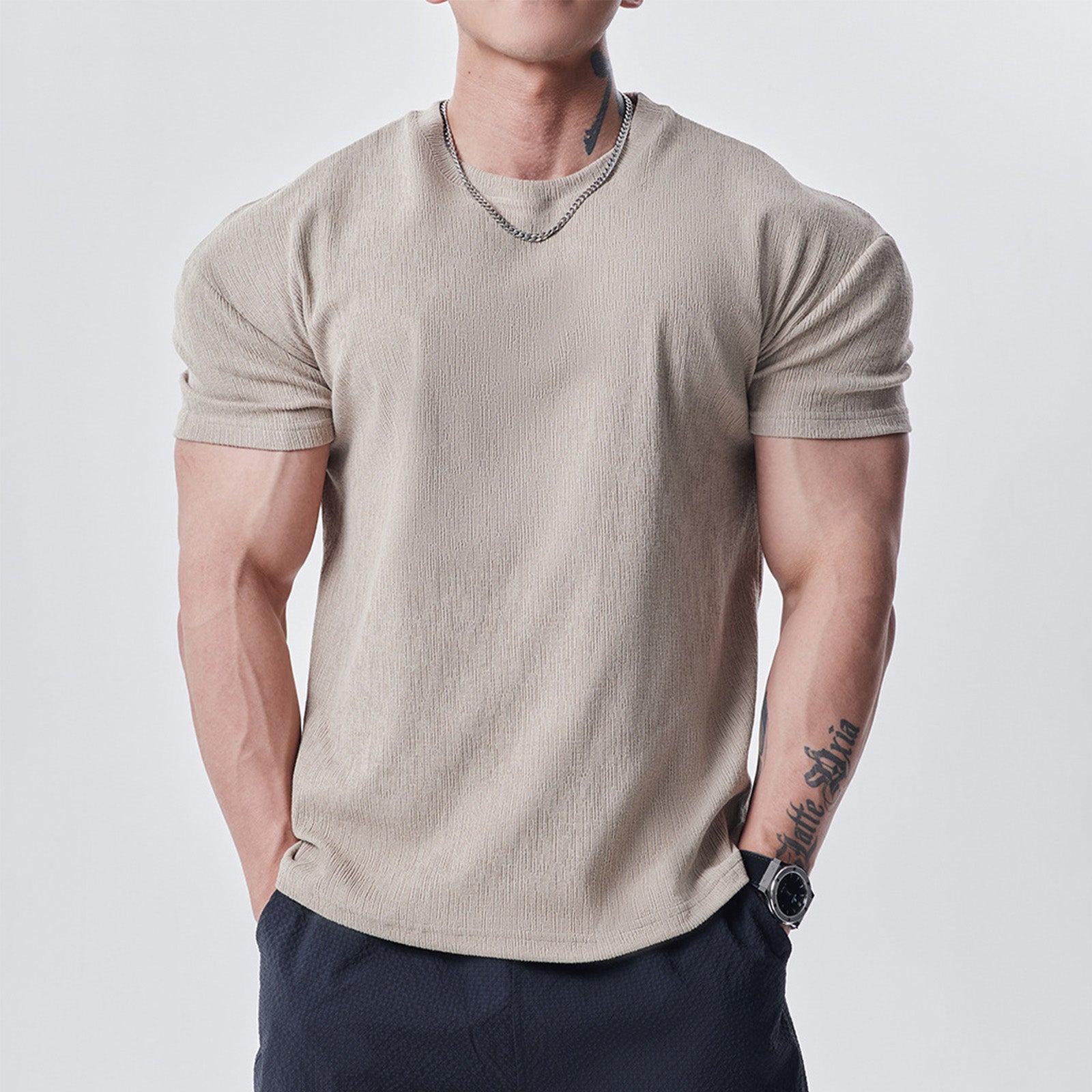 High-End Textured Solid-Color Round-Neck Short-Sleeved T-Shirt
