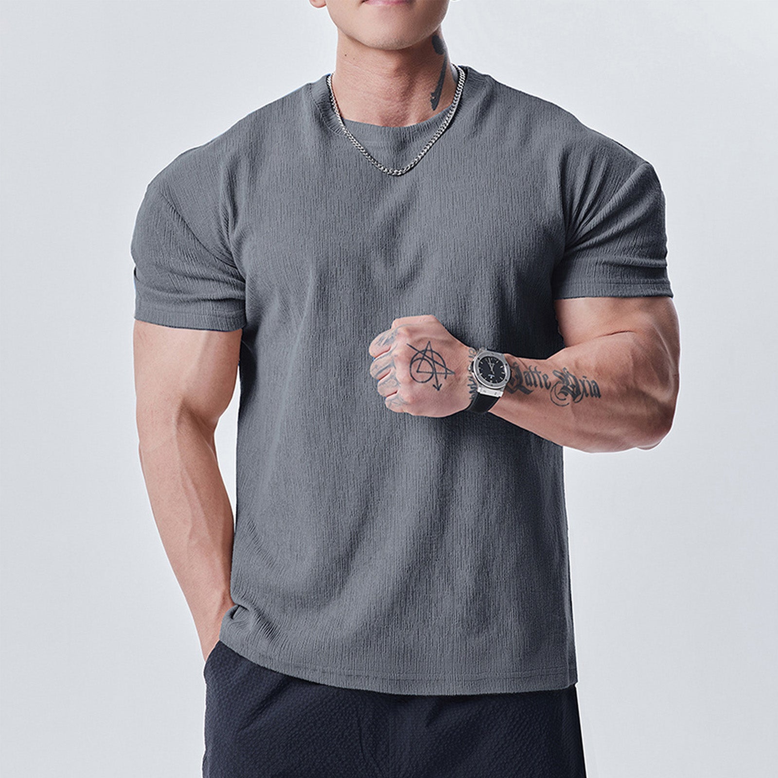 High-End Textured Solid-Color Round-Neck Short-Sleeved T-Shirt