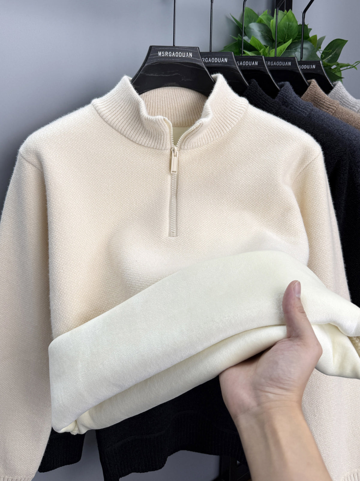 Camel Rib-Knit Half-Zip Sweater with Textured Cable Pattern
