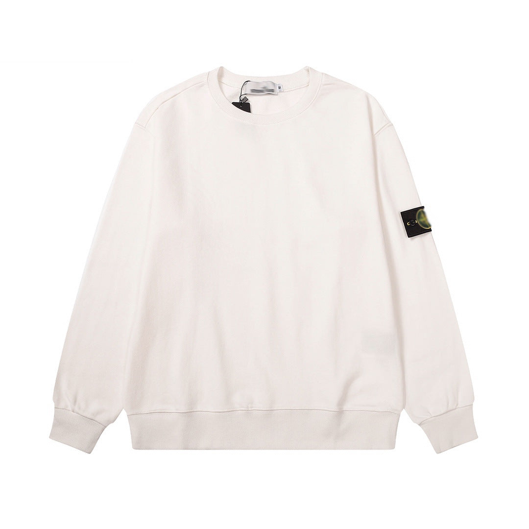 Solid-color hooded zip-up jacket with embroidered badge