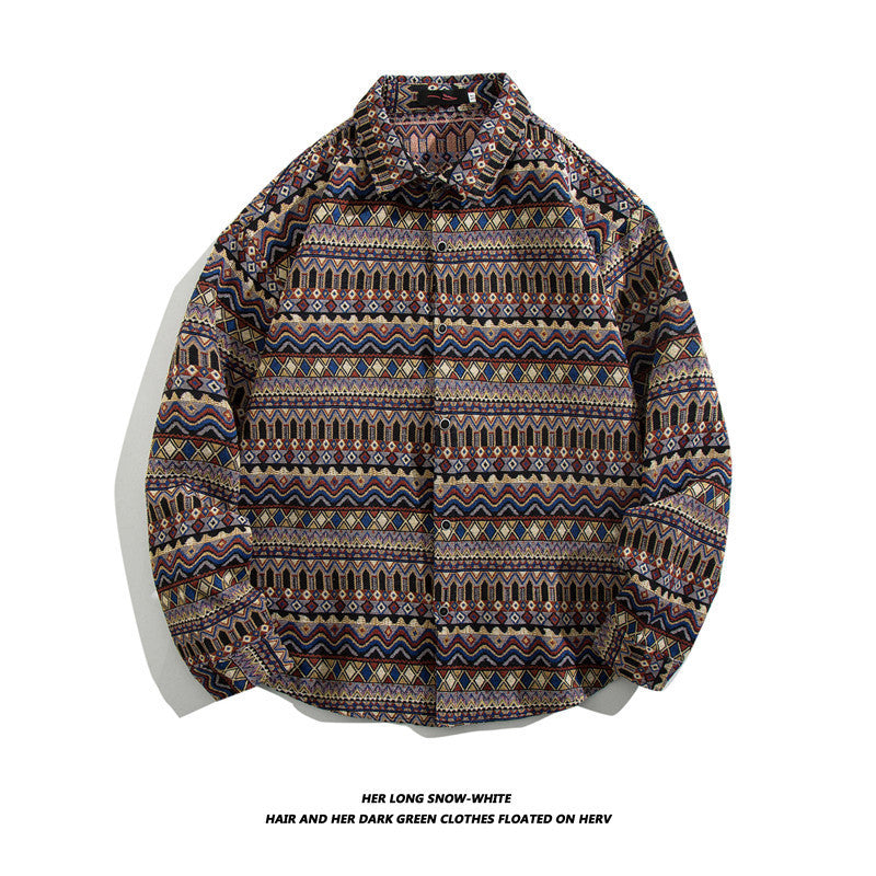 Oversized geometric tribal print button-up shirt