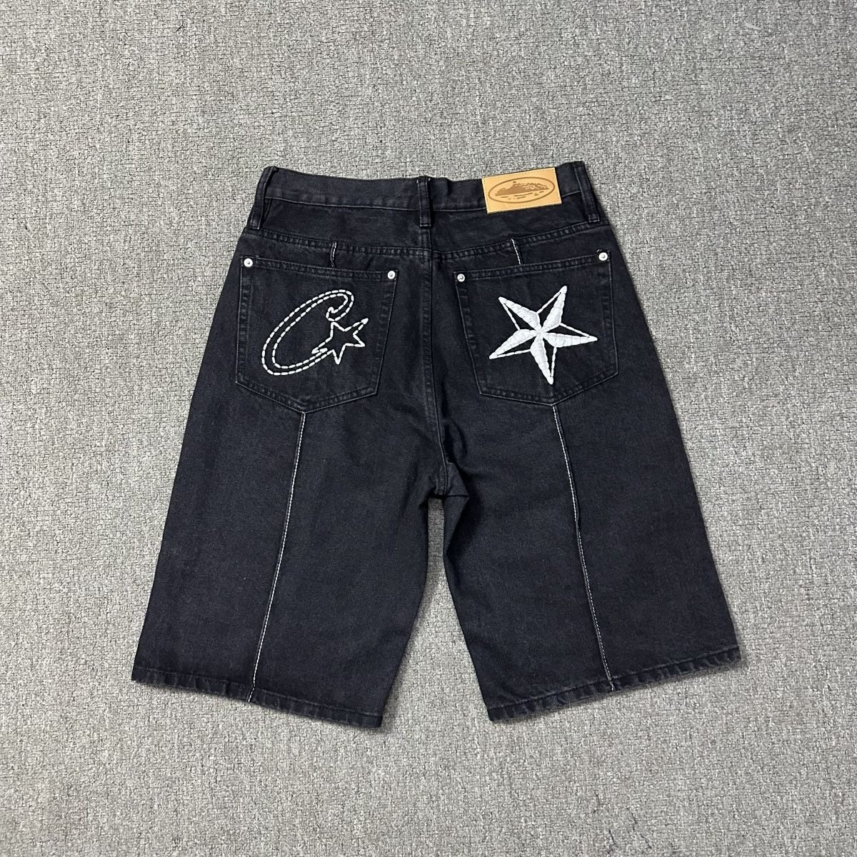Alcatraz five-pointed star embroidered washed denim shorts