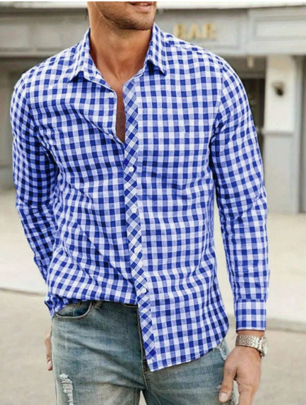 Beige and brown plaid long-sleeve cotton button-up shirt