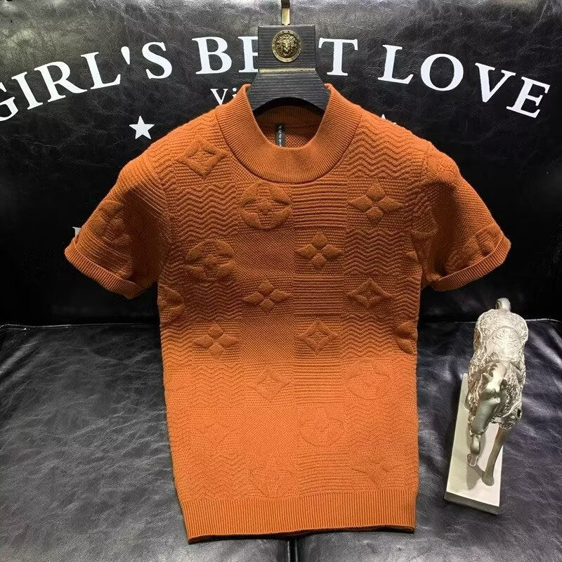 Cream short-sleeve knit sweater with embossed jacquard pattern