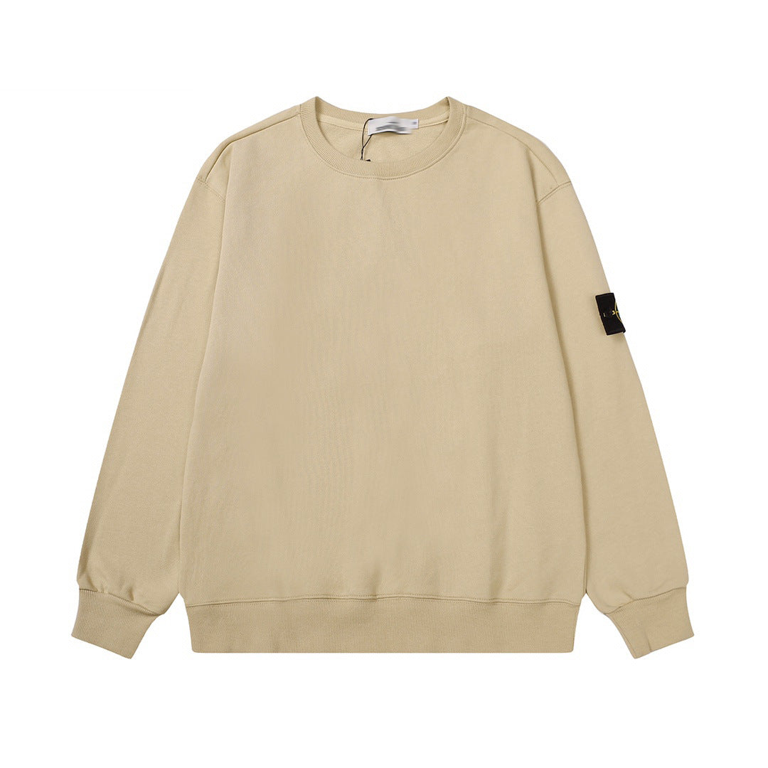 Solid-color hooded zip-up jacket with embroidered badge