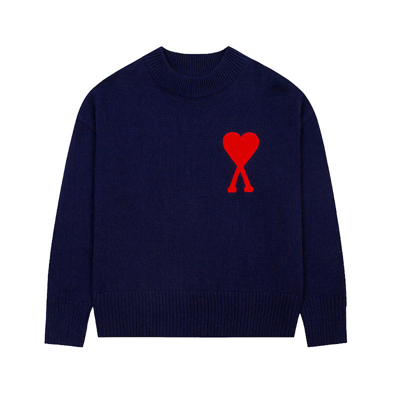 Men's round neck knit sweater with heart embroidery