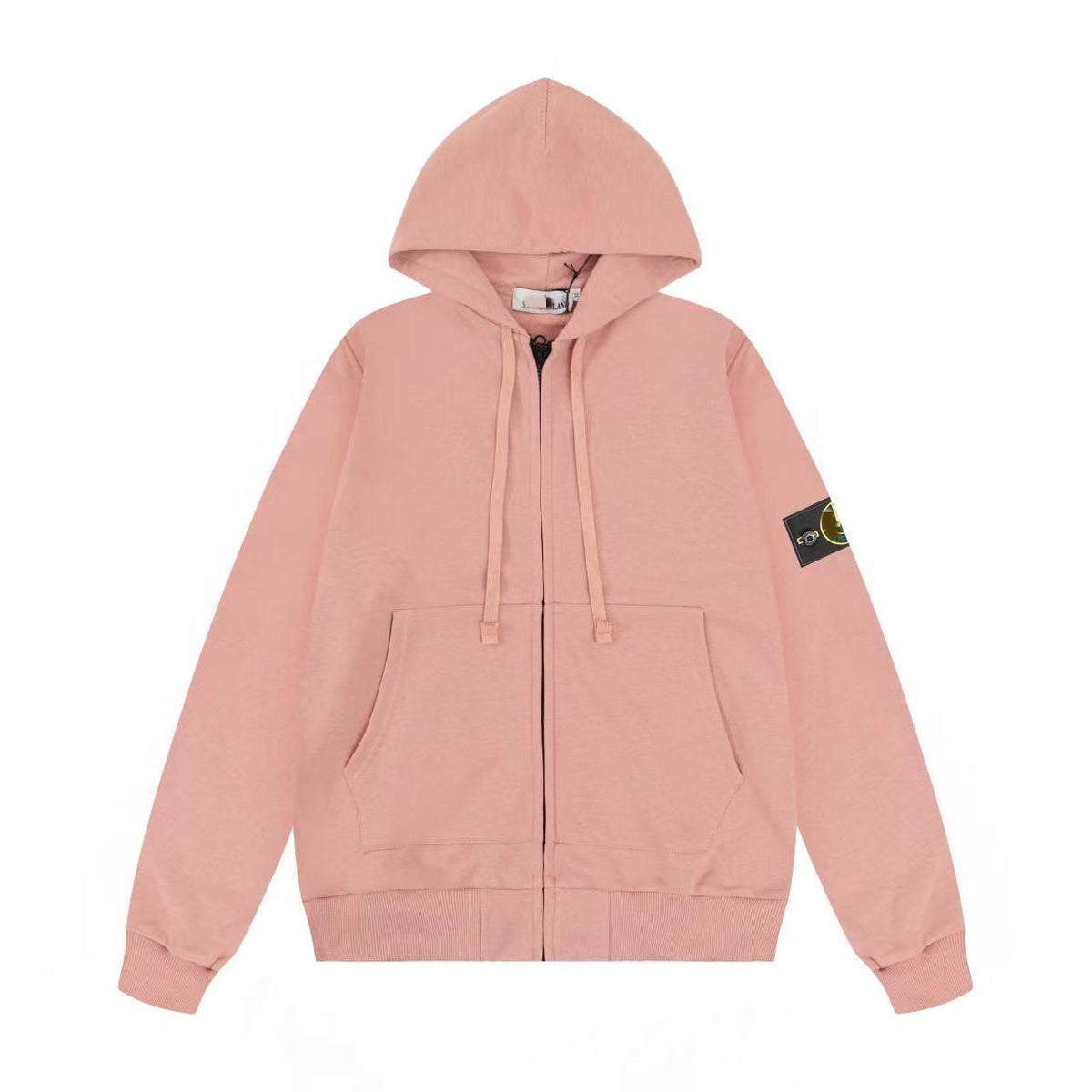 Solid-color hooded zip-up jacket with embroidered badge