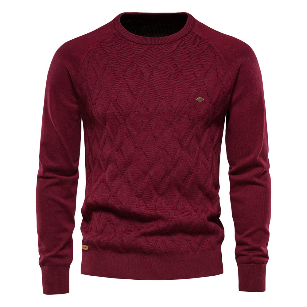 Diamond-Knit Cotton Crewneck Sweater in Khaki, Black, Green, Blue, Red, or Brown