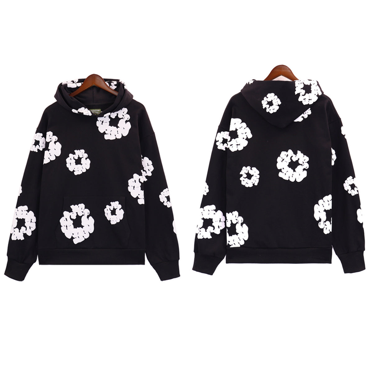 Floral foam-print pullover hoodie with hood and relaxed fit