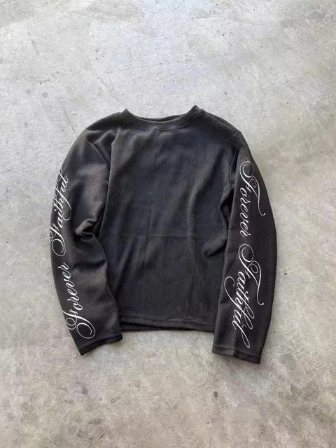Oversized long-sleeve tee with 'Forever Faithful' cursive script