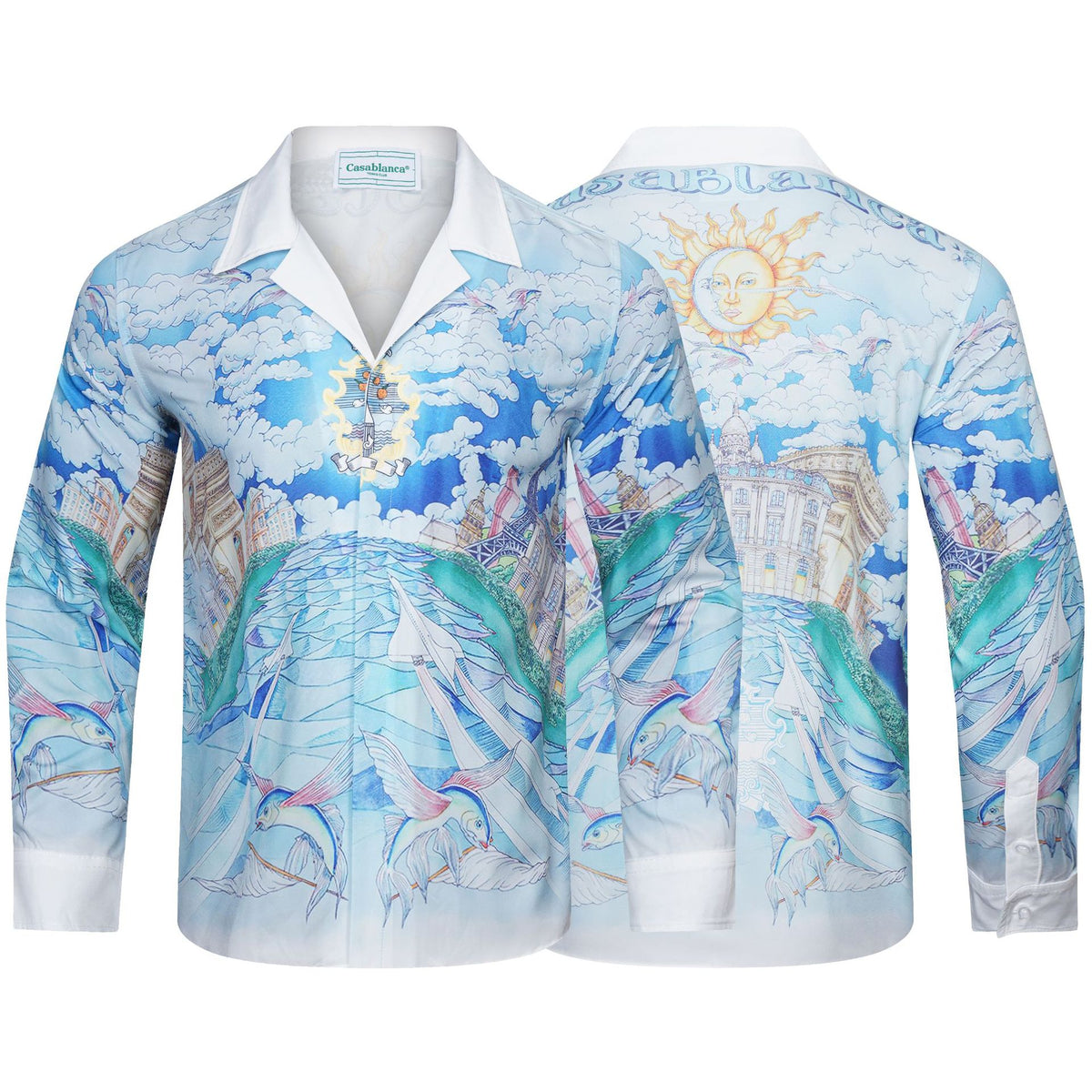 Long-sleeve checkered shirt with tropical graphic print and pastel trim