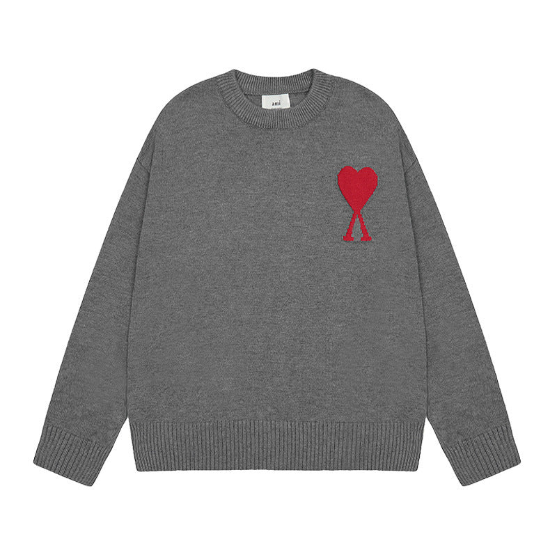 Men's round neck knit sweater with heart embroidery