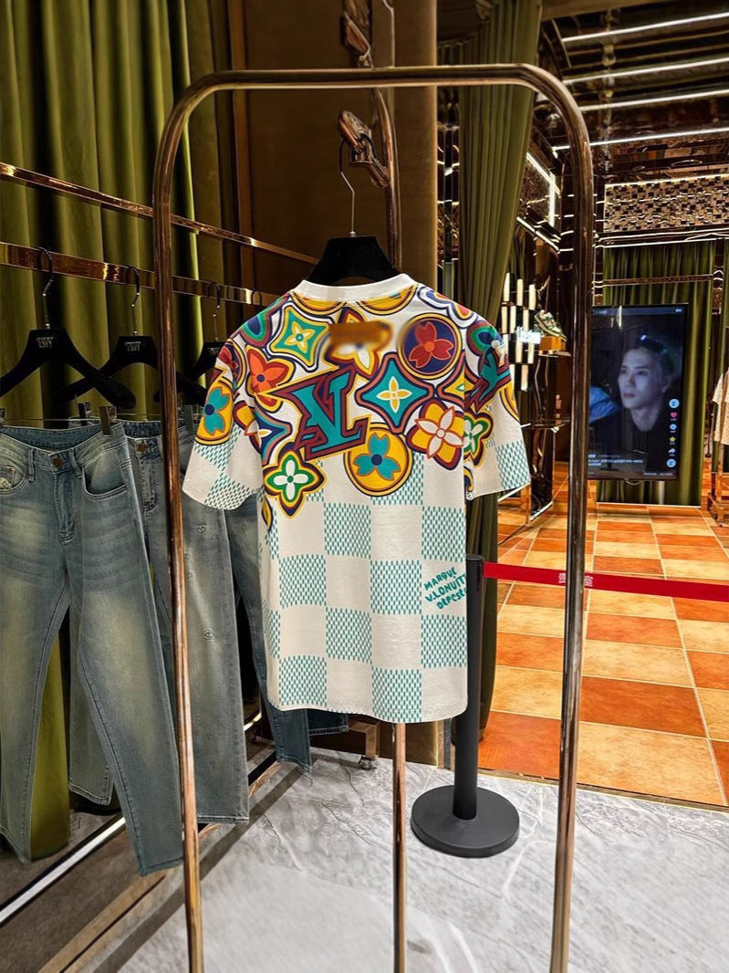 White and Light Gray 3D-Printed Floral Checker T-Shirt