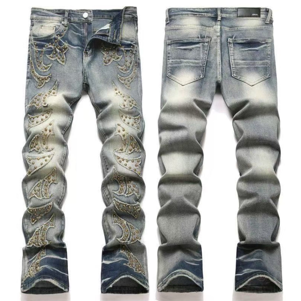 Distressed Straight-Leg Denim Jeans in Blue Black Gray or White