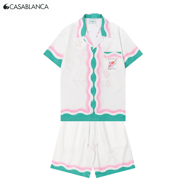 Abstract Wave Print Short Sleeve Cotton Shirt