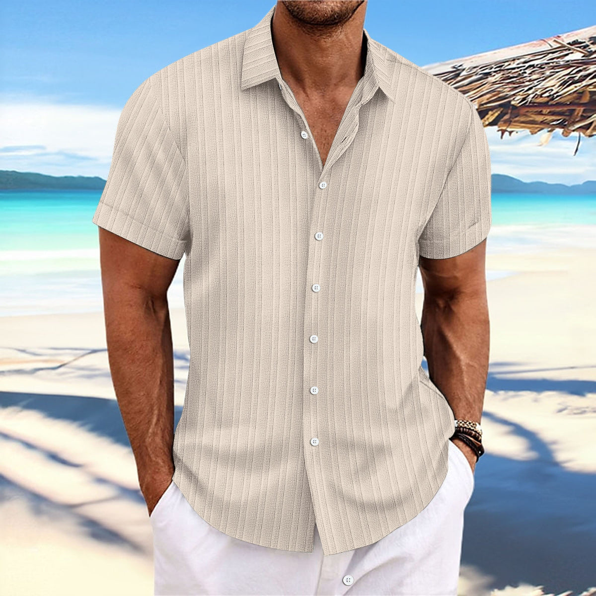 Jacquard striped short-sleeve cotton linen shirt