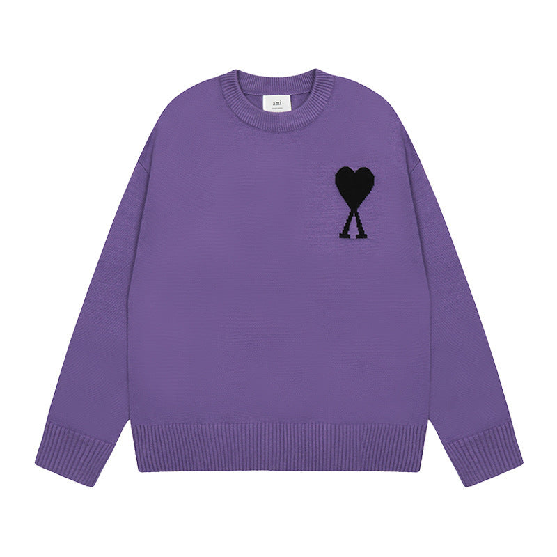Men's round neck knit sweater with heart embroidery