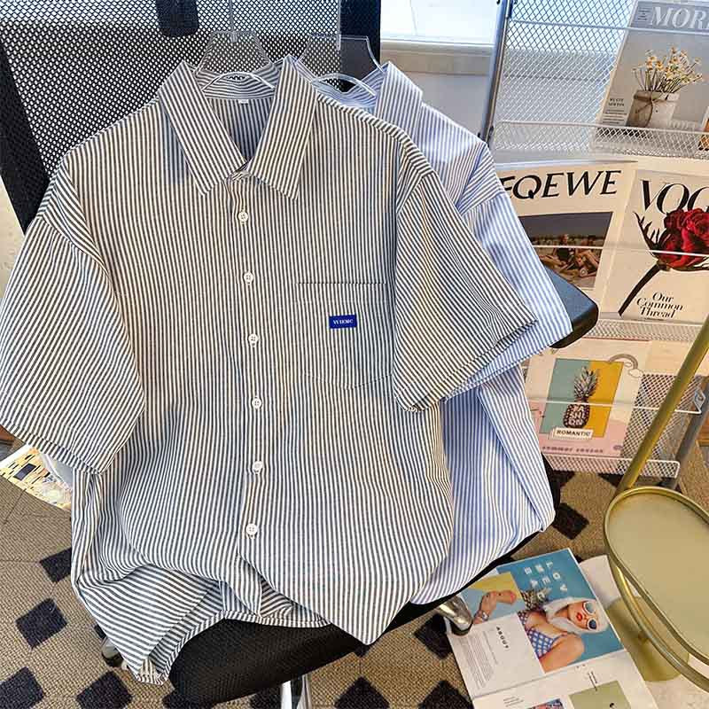 Blue and Gray Striped Short Sleeve Cotton Button-Up Shirt