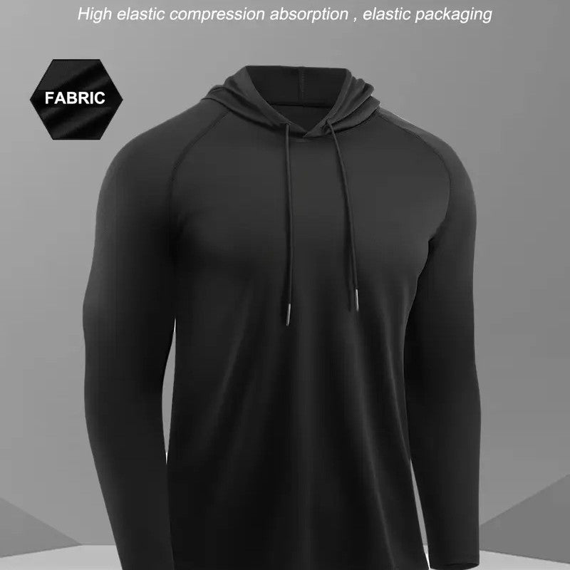 Men's Moisture-Wicking Long Sleeve Hooded Workout Top Solid Color Gym Fitness Shirt for Training Running and Outdoor Sports